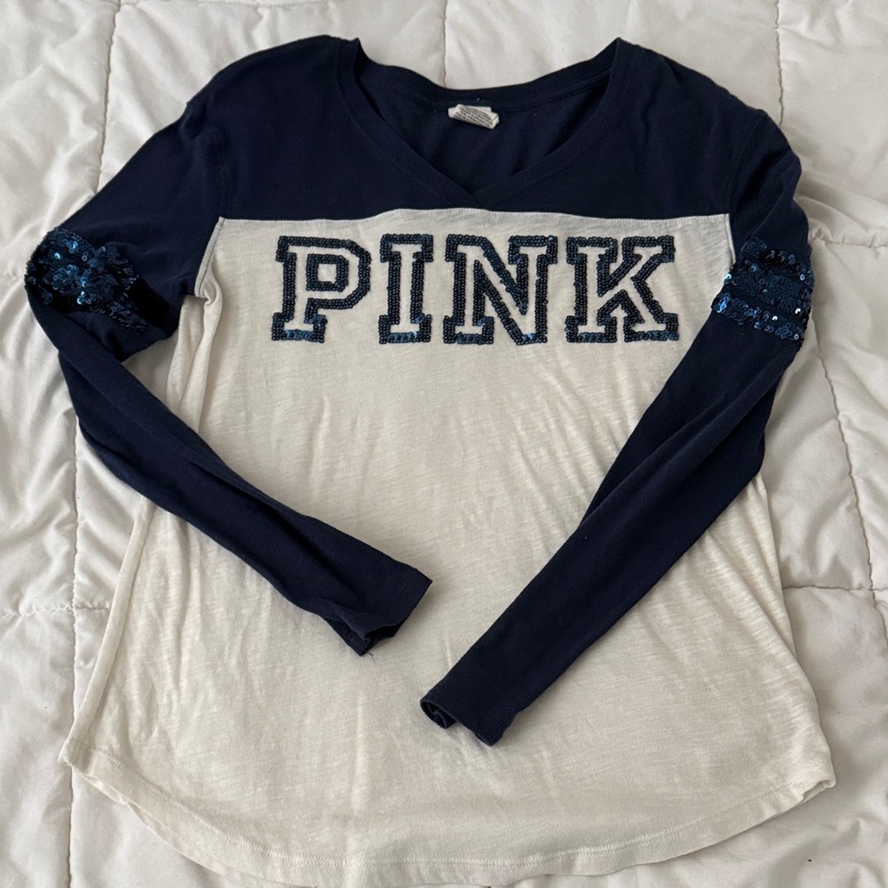 PINK Victoria's Secret Navy and White Long Sleeve Top